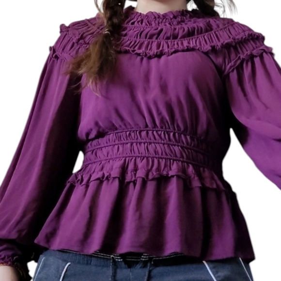 Farm Rio Plum Ruffle Blouse M | Romantic Boho Chic Long Sleeve Flowy Top - Picture 4 of 9